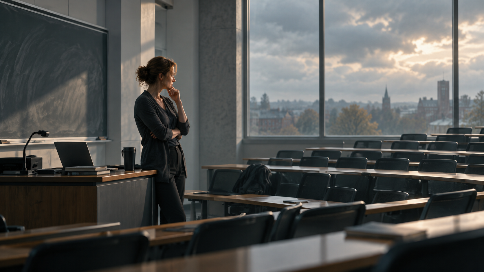 Interpretive view of an empty university classroom and a reflective linguist